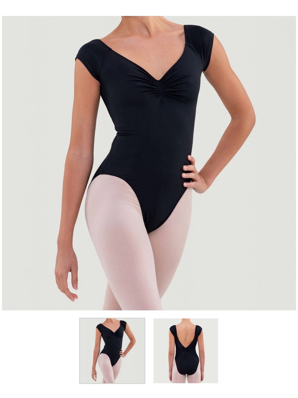Bullet Pointe. Black Cap Sleeve Leotard,  V-Front and Open Back